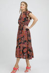 Mix Ruffle Sleeve Tropical Midi Dress-Tropical print women's midi dress. Featuring a bold leaf pattern in rich autumn tones of orange, red, and brown against a sleek black background, with flowy fabric.-Reef Love Boho-Chic Boutique