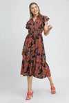 Mix Ruffle Sleeve Tropical Midi Dress-Tropical print women's midi dress. Featuring a bold leaf pattern in rich autumn tones of orange, red, and brown against a sleek black background, with flowy fabric.-Reef Love Boho-Chic Boutique