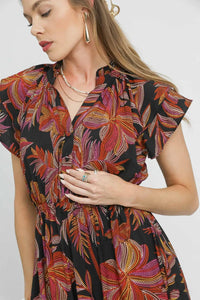 Mix Ruffle Sleeve Tropical Midi Dress-Tropical print women's midi dress. Featuring a bold leaf pattern in rich autumn tones of orange, red, and brown against a sleek black background, with flowy fabric.-Reef Love Boho-Chic Boutique