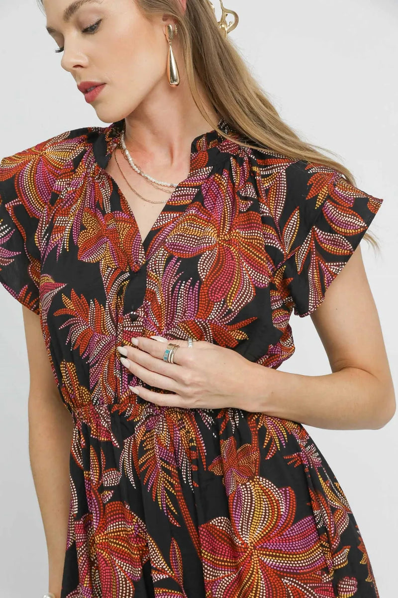 Mix Ruffle Sleeve Tropical Midi Dress-Tropical print women's midi dress. Featuring a bold leaf pattern in rich autumn tones of orange, red, and brown against a sleek black background, with flowy fabric.-Reef Love Boho-Chic Boutique