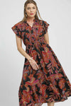 Mix Ruffle Sleeve Tropical Midi Dress-Tropical print women's midi dress. Featuring a bold leaf pattern in rich autumn tones of orange, red, and brown against a sleek black background, with flowy fabric.-Reef Love Boho-Chic Boutique