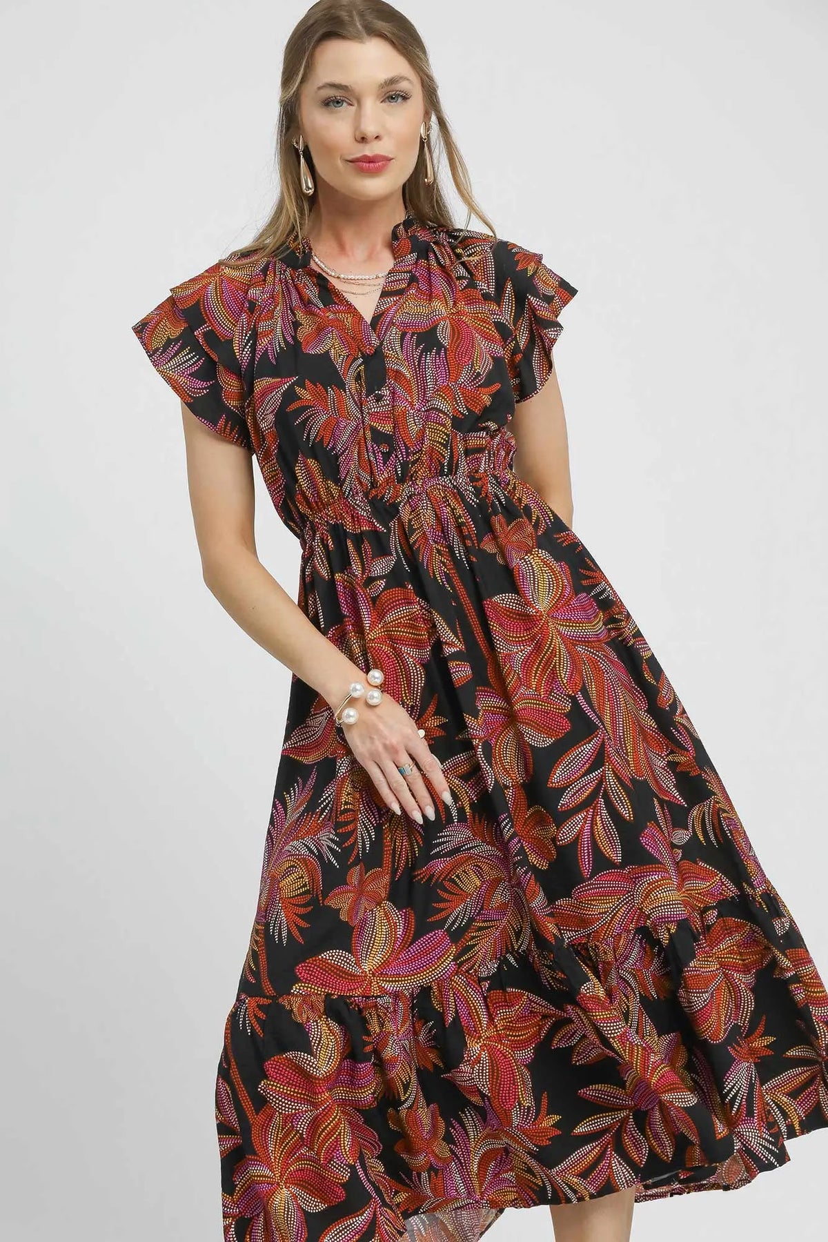 Mix Ruffle Sleeve Tropical Midi Dress-Tropical print women's midi dress. Featuring a bold leaf pattern in rich autumn tones of orange, red, and brown against a sleek black background, with flowy fabric.-Reef Love Boho-Chic Boutique