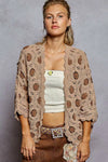 Mocha Latte Openwork Chenille Cardigan with Contrast Floral
