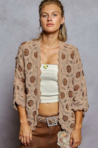 Mocha Latte Openwork Chenille Cardigan with Contrast Floral