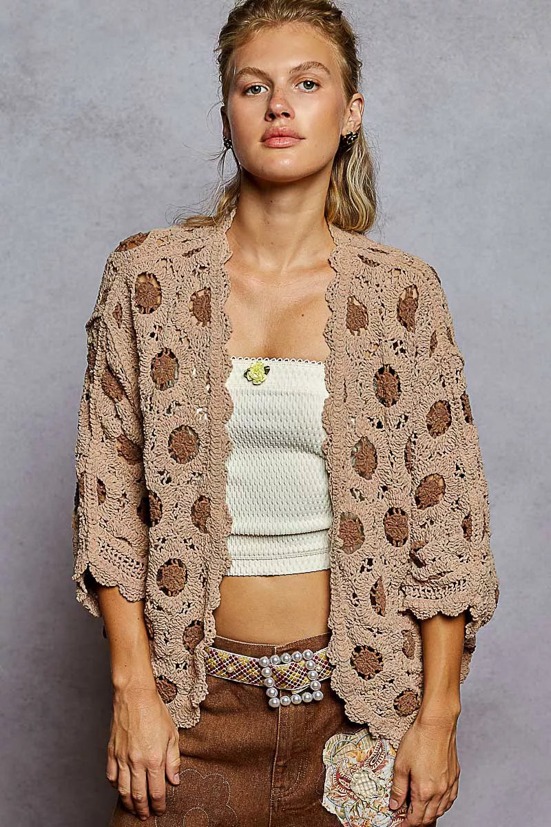 Mocha Latte Openwork Chenille Cardigan with Contrast Floral