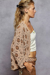 Mocha Latte Openwork Chenille Cardigan with Contrast Floral