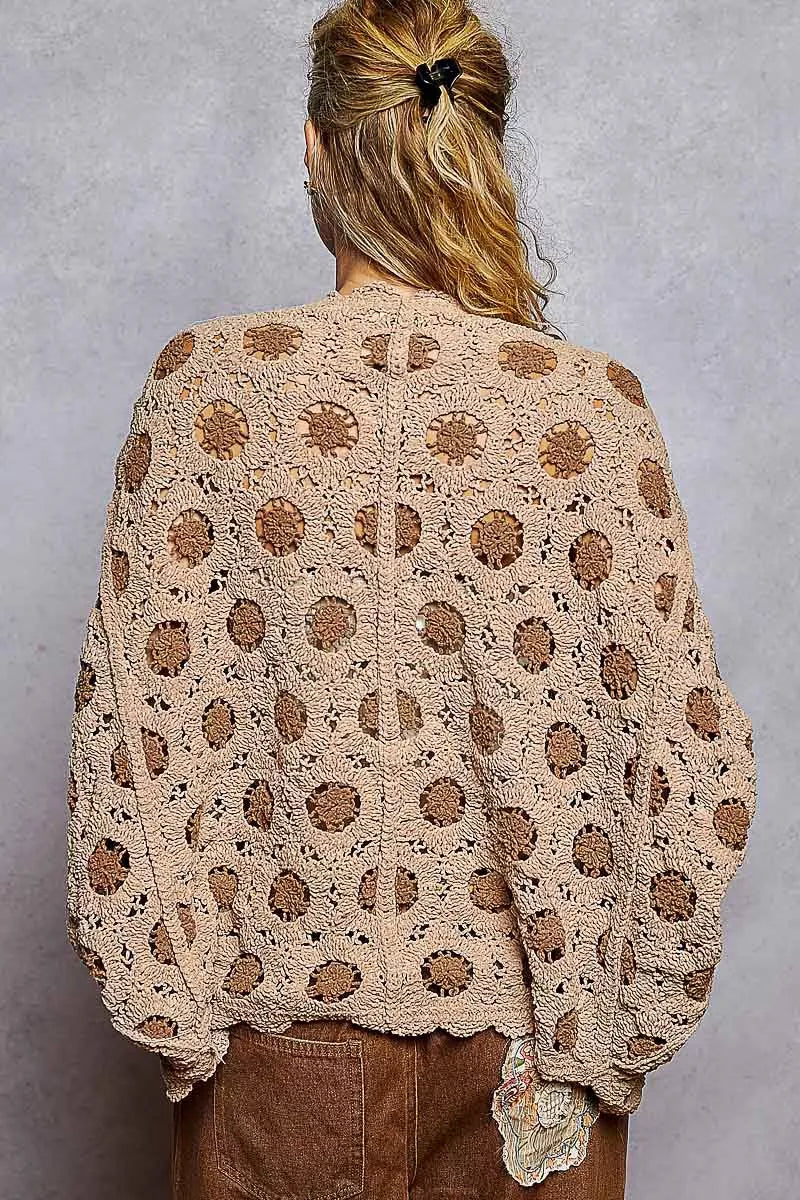 Mocha Latte Openwork Chenille Cardigan with Contrast Floral