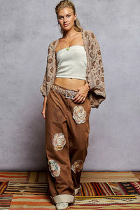 Mocha Latte Openwork Chenille Cardigan with Contrast Floral