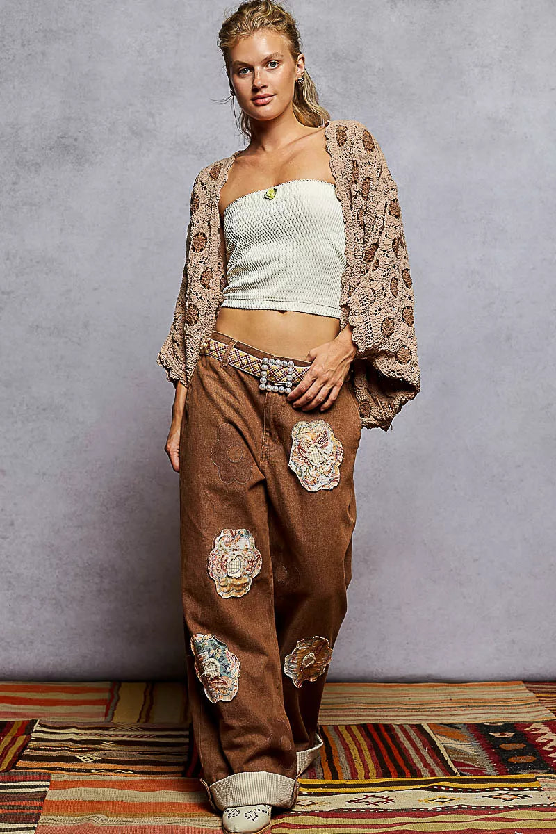 Mocha Latte Openwork Chenille Cardigan with Contrast Floral