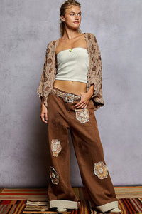 Mocha Latte Openwork Chenille Cardigan with Contrast Floral