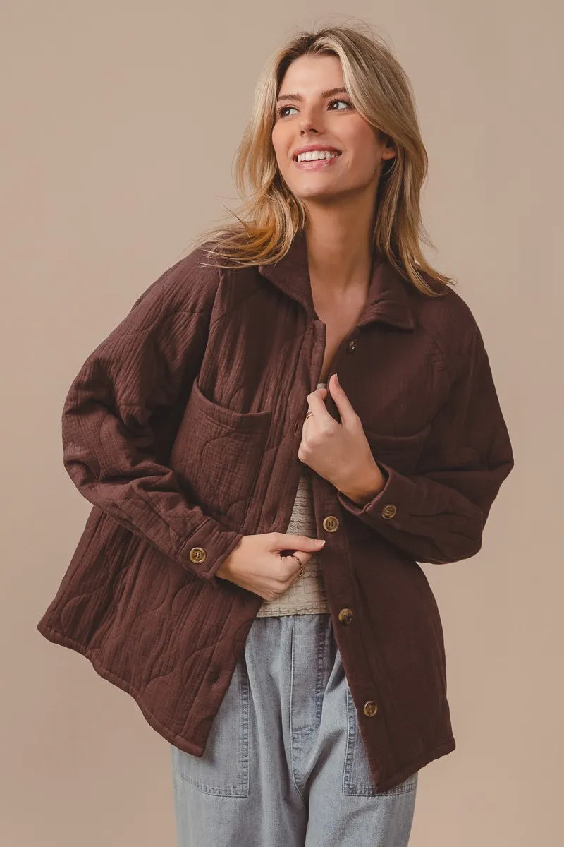 Mocha Quilted Wrinkle Gauze Long Sleeve Shacket-Mocha quilted wrinkle gauze shacket with oversized fit, button front, and pockets. Lightweight cotton layering piece for chic, casual everyday style.-Reef Love
