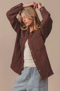 Mocha Quilted Wrinkle Gauze Long Sleeve Shacket-Mocha quilted wrinkle gauze shacket with oversized fit, button front, and pockets. Lightweight cotton layering piece for chic, casual everyday style.-Reef Love