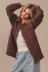 Mocha Quilted Wrinkle Gauze Long Sleeve Shacket-Mocha quilted wrinkle gauze shacket with oversized fit, button front, and pockets. Lightweight cotton layering piece for chic, casual everyday style.-Reef Love