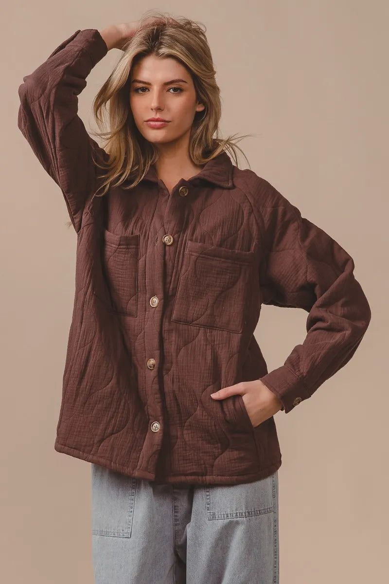 Mocha Quilted Wrinkle Gauze Long Sleeve Shacket-Mocha quilted wrinkle gauze shacket with oversized fit, button front, and pockets. Lightweight cotton layering piece for chic, casual everyday style.-Reef Love
