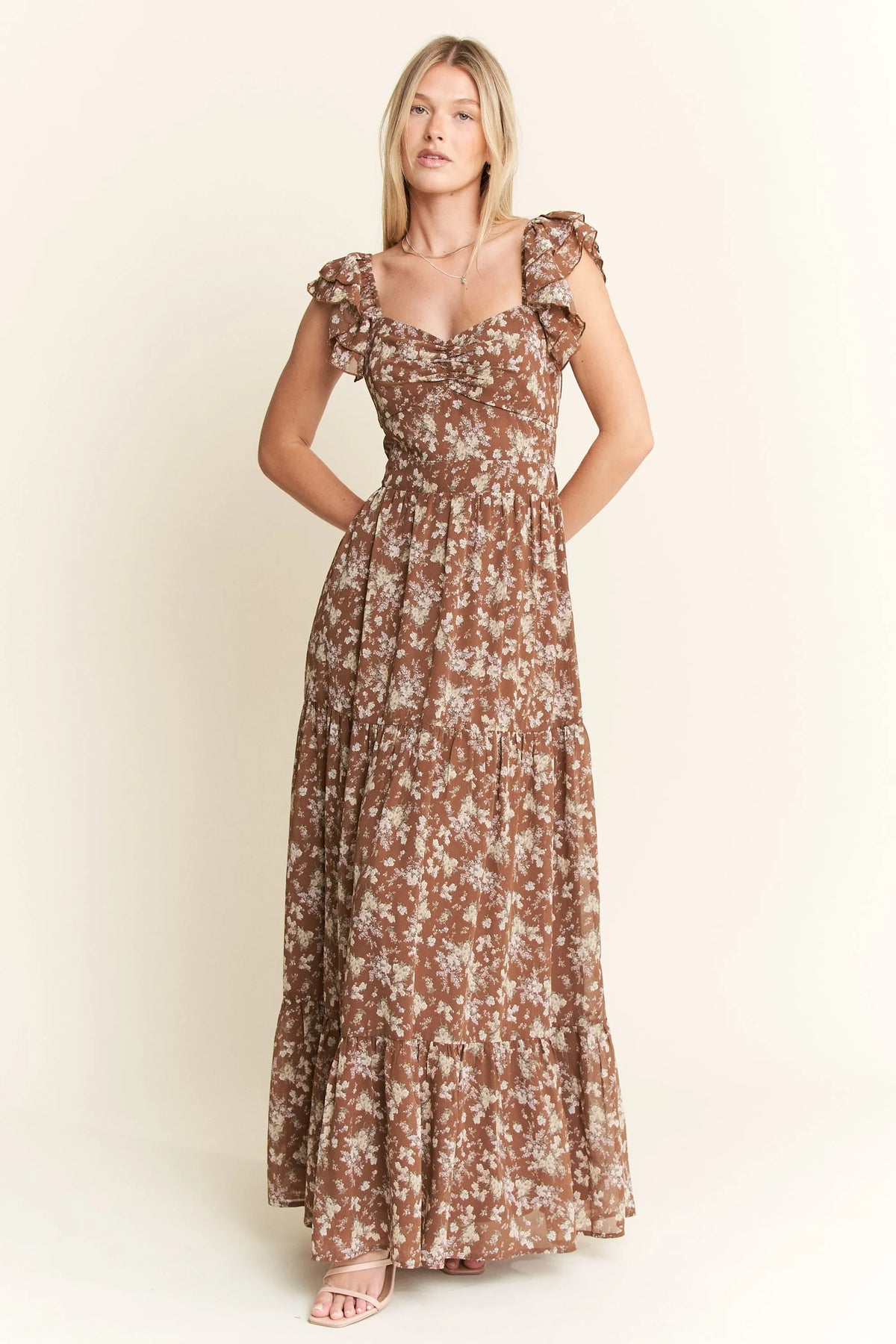 Mocha Ruffle Sleeve Tiered Maxi Dress-Mocha Ruffle Sleeve Tiered Maxi Dress Soft, romantic, and effortlessly boho — the Mocha Ruffle Sleeve Tiered Maxi Dress brings vintage floral charm to any occasion. -Reef Love Boho-Chic Boutique