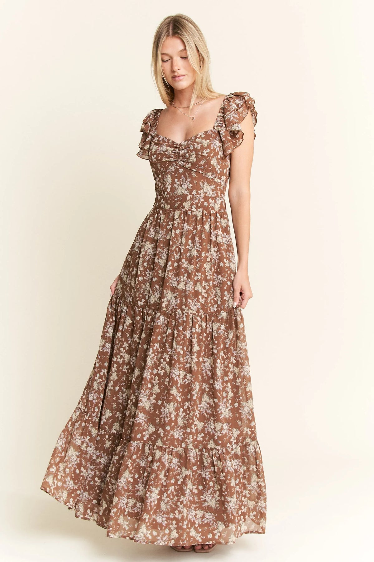 Mocha Ruffle Sleeve Tiered Maxi Dress-Mocha Ruffle Sleeve Tiered Maxi Dress Soft, romantic, and effortlessly boho — the Mocha Ruffle Sleeve Tiered Maxi Dress brings vintage floral charm to any occasion. -Reef Love Boho-Chic Boutique