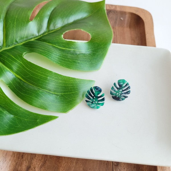 Shop Monstera Leaf Stud Earrings-Lightweight monstera leaf cut-out studs made from plant-based acrylic. Hypoallergenic & handmade in the USA—perfect gift for plant lovers for everyday wear.-available at Reef Love online boho-chic boutique