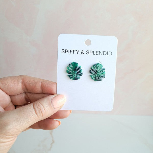 Shop Monstera Leaf Stud Earrings-Lightweight monstera leaf cut-out studs made from plant-based acrylic. Hypoallergenic & handmade in the USA—perfect gift for plant lovers for everyday wear.-available at Reef Love online boho-chic boutique