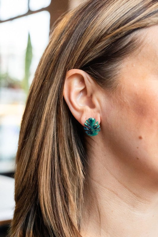 Shop Monstera Leaf Stud Earrings-Lightweight monstera leaf cut-out studs made from plant-based acrylic. Hypoallergenic & handmade in the USA—perfect gift for plant lovers for everyday wear.-available at Reef Love online boho-chic boutique