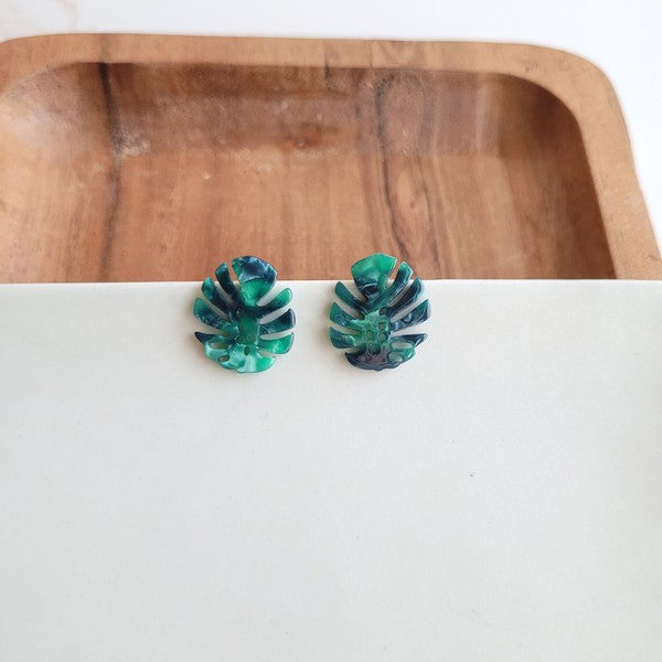 Shop Monstera Leaf Stud Earrings-Lightweight monstera leaf cut-out studs made from plant-based acrylic. Hypoallergenic & handmade in the USA—perfect gift for plant lovers for everyday wear.-available at Reef Love online boho-chic boutique