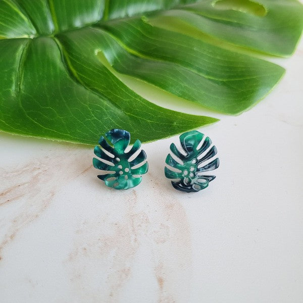 Shop Monstera Leaf Stud Earrings-Lightweight monstera leaf cut-out studs made from plant-based acrylic. Hypoallergenic & handmade in the USA—perfect gift for plant lovers for everyday wear.-available at Reef Love online boho-chic boutique