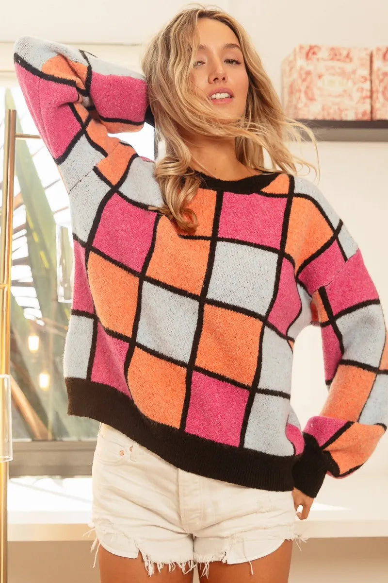 Multi Color Checker Pattern Sweater