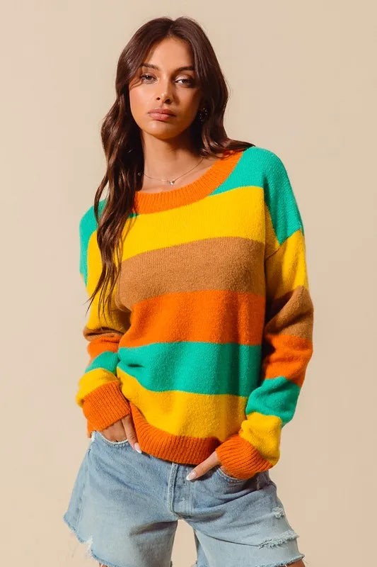 Multi Color Stripe Sweater with Ribbed Detail