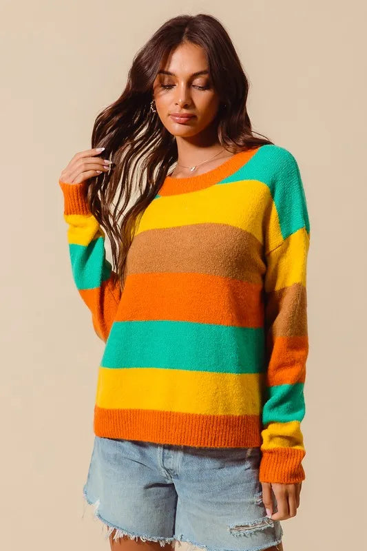 Multi Color Stripe Sweater with Ribbed Detail