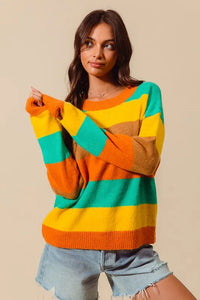 Multi Color Stripe Sweater with Ribbed Detail