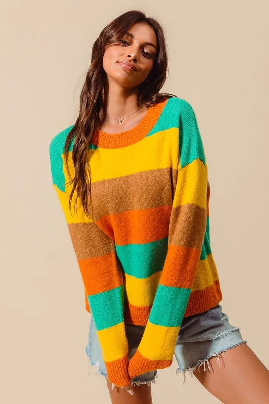 Multi Color Stripe Sweater with Ribbed Detail