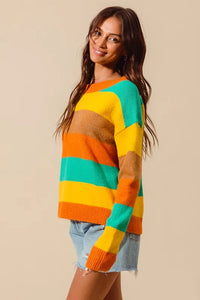 Multi Color Stripe Sweater with Ribbed Detail