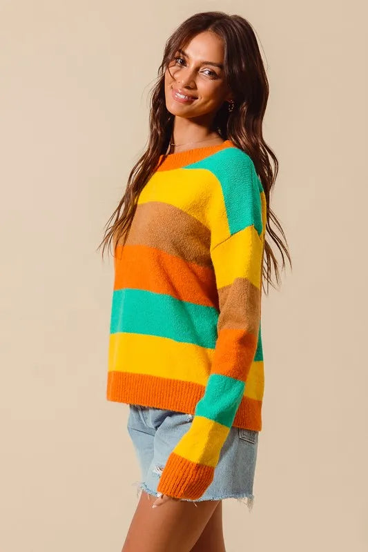 Multi Color Stripe Sweater with Ribbed Detail