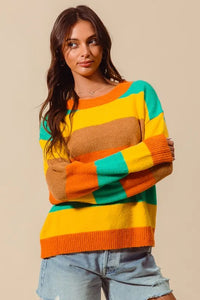 Multi Color Stripe Sweater with Ribbed Detail