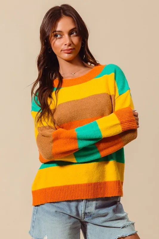 Multi Color Stripe Sweater with Ribbed Detail
