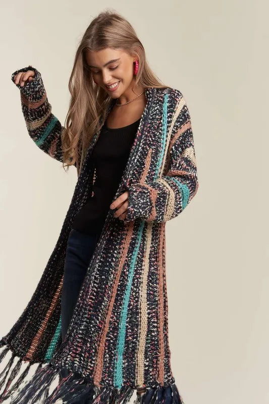 Multi Color Sweater Long Cardigan with Fringes