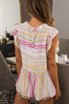 Multi Stripe Ruffled Neck Tiered Back Open Button Top-Reef Love
