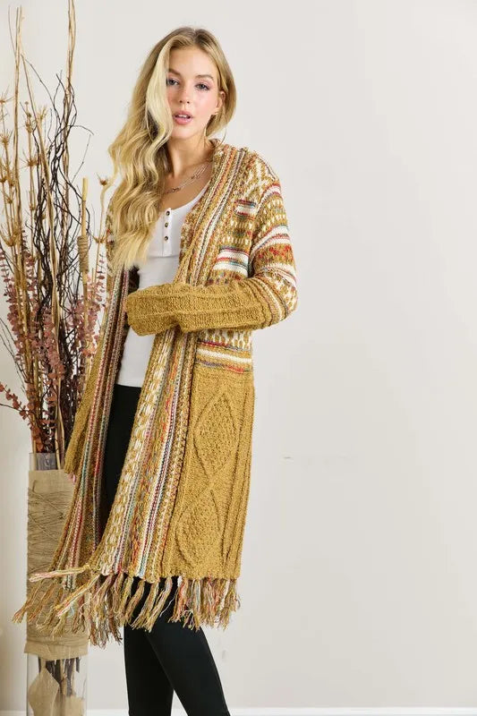 Mustard Fringe Hem Aztec Cardigan