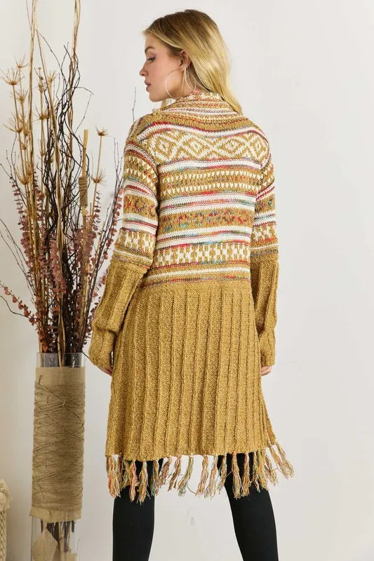 Mustard Fringe Hem Aztec Cardigan