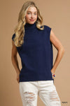 Navy High-Low Turtleneck Sleeveless Sweater-The Navy Blue High-Low Turtleneck Sleeveless Sweater is a stylish and versatile piece. The turtleneck adds a sophisticated touch to the sleeveless design. 