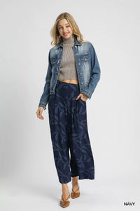 Navy Jacquard Wide-Leg Cropped Pants