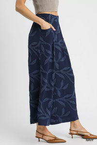 Navy Jacquard Wide-Leg Cropped Pants