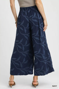 Navy Jacquard Wide-Leg Cropped Pants