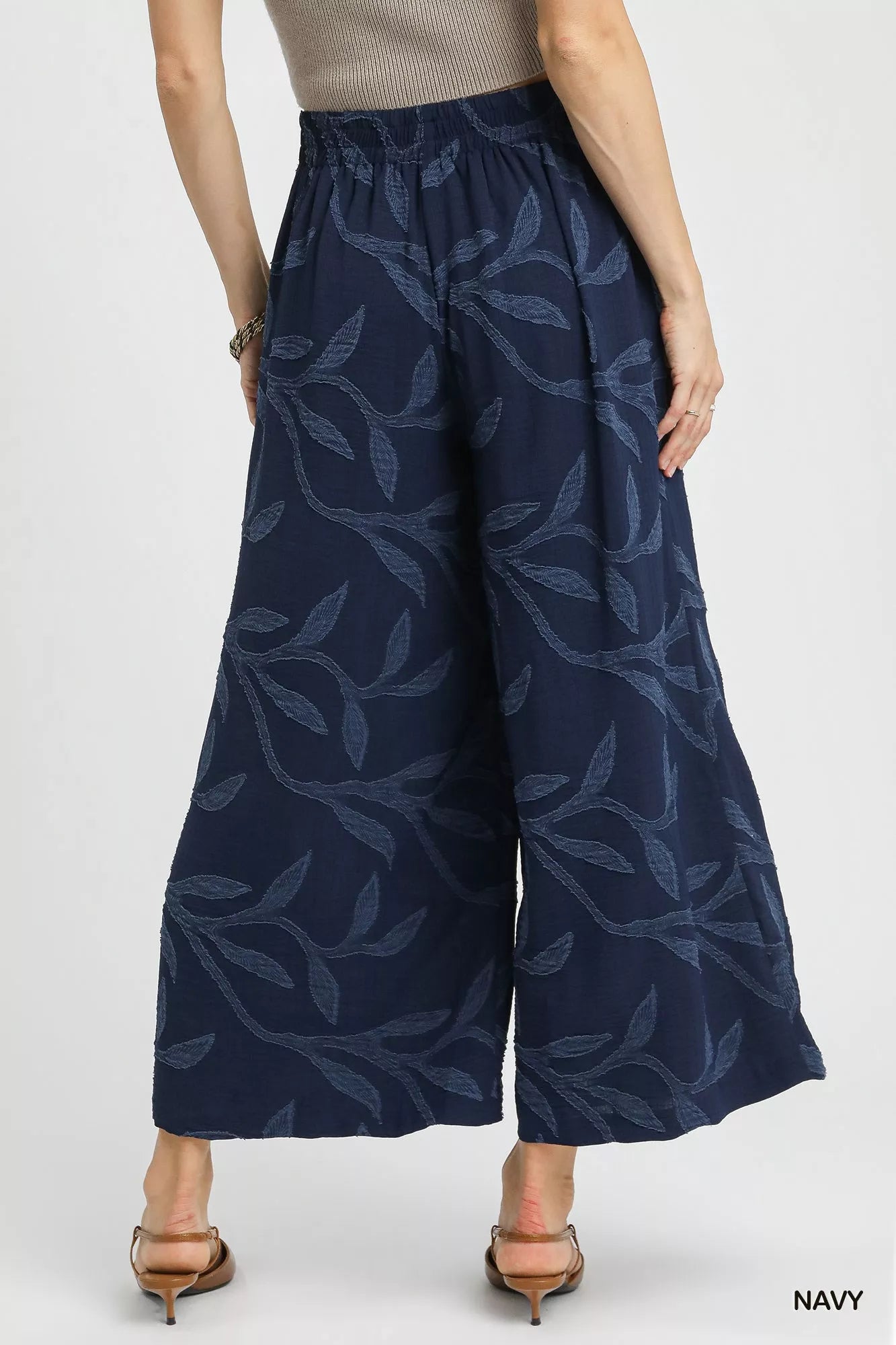 Navy Jacquard Wide-Leg Cropped Pants
