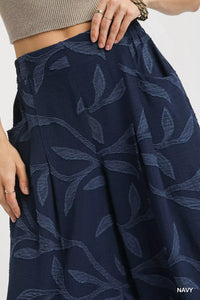 Navy Jacquard Wide-Leg Cropped Pants