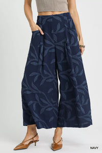 Navy Jacquard Wide-Leg Cropped Pants