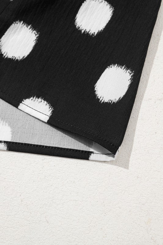 Nola Notched Balloon Sleeve Black & White Polkadot Blouse-Reef Love