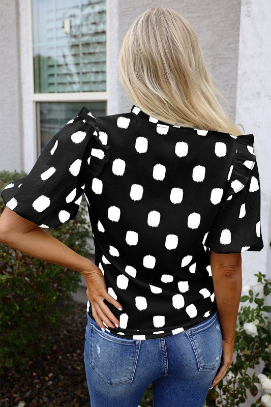 Nola Notched Balloon Sleeve Black & White Polkadot Blouse-Reef Love