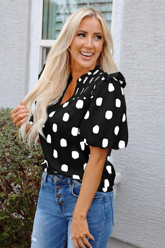 Nola Notched Balloon Sleeve Black & White Polkadot Blouse-Reef Love