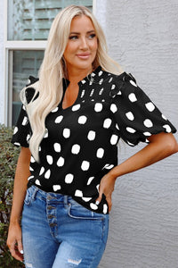 Nola Notched Balloon Sleeve Black & White Polkadot Blouse-Reef Love