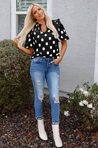 Nola Notched Balloon Sleeve Black & White Polkadot Blouse-Reef Love